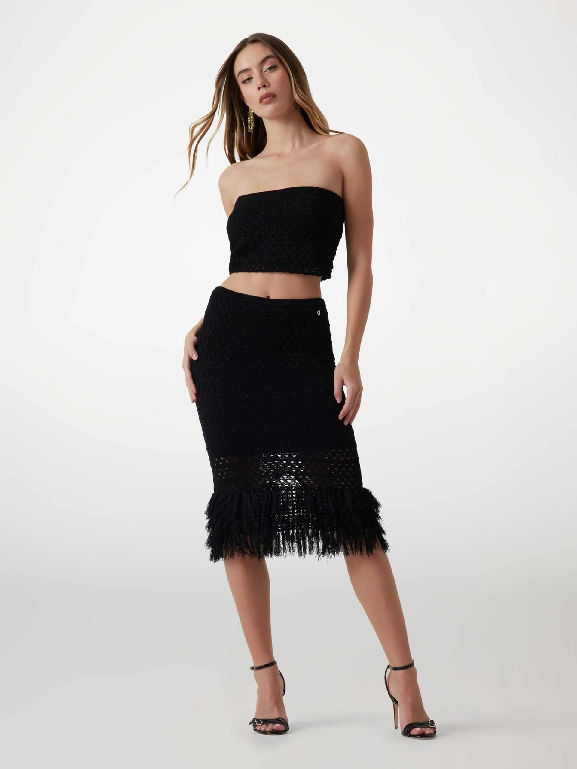 GUESS - LUCA FRINGED HEM MIDI SKIRT GUESS - LUCA FRINGED HEM MIDI SKIRT
