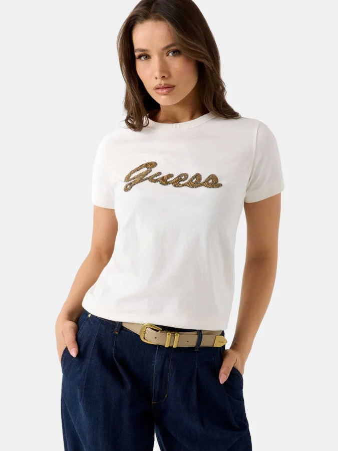 GUESS - SS CN BEADS SCRIPT TEE