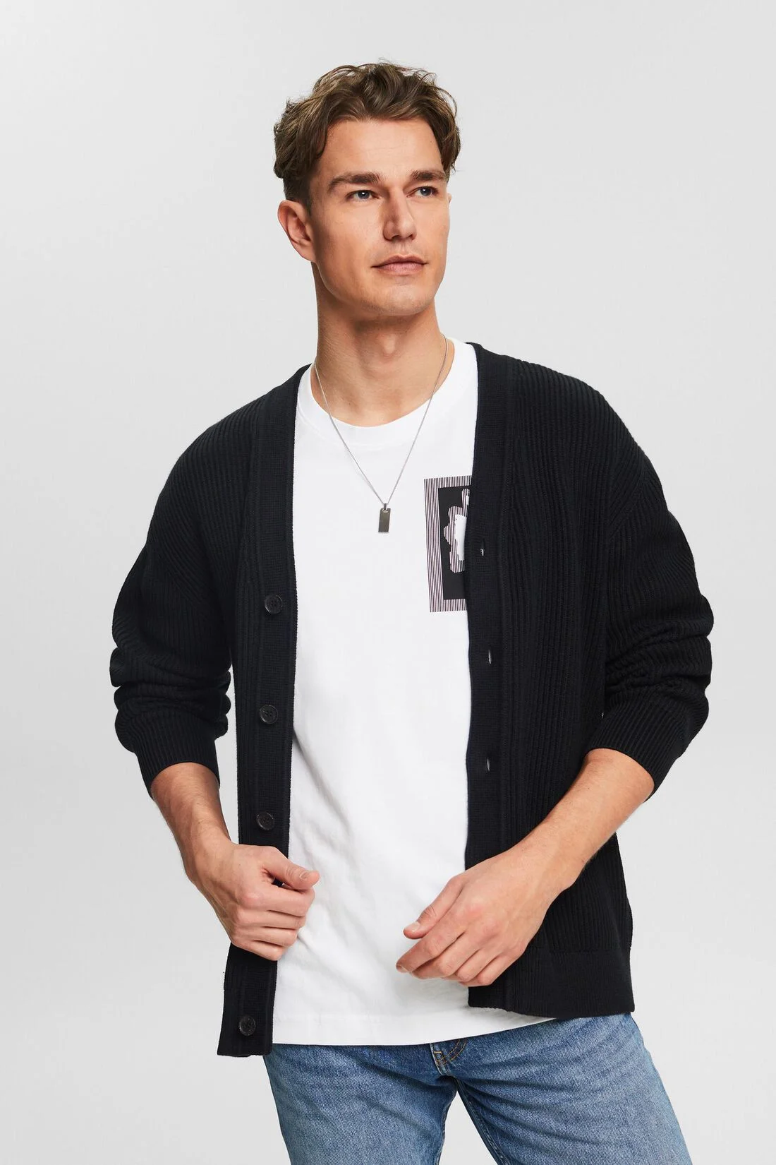 ESPRIT - Rib-Knit V-Neck Cardigan ESPRIT - Rib-Knit V-Neck Cardigan