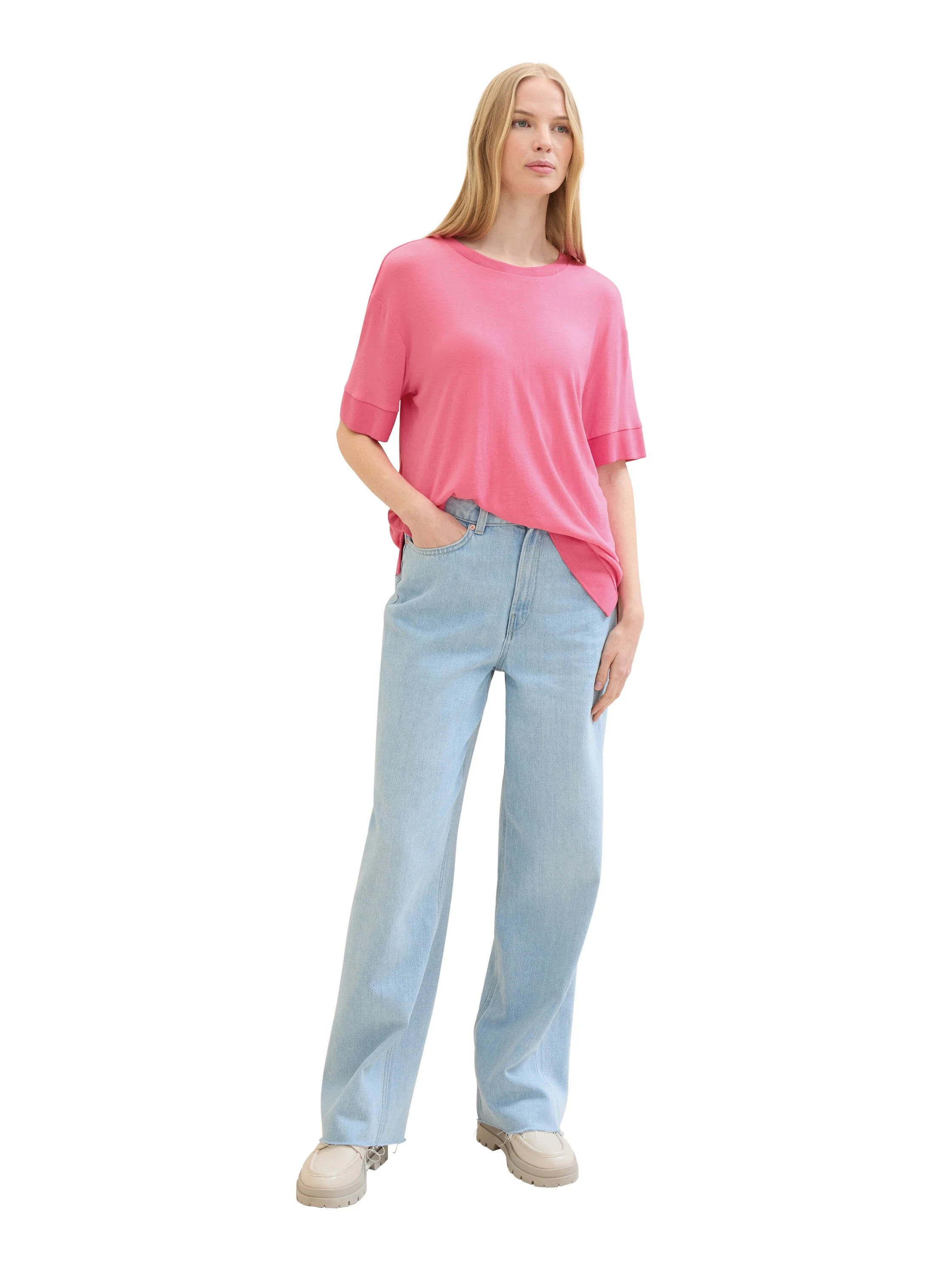 Tom Tailor - T-SHIRT WITH RIB DETAILS Tom Tailor - T-SHIRT WITH RIB DETAILS